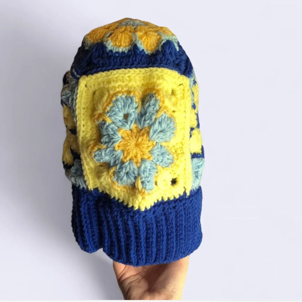 crochet blue and yellow african flower granny square balaclava HANDMADE - Picture 3 of 6